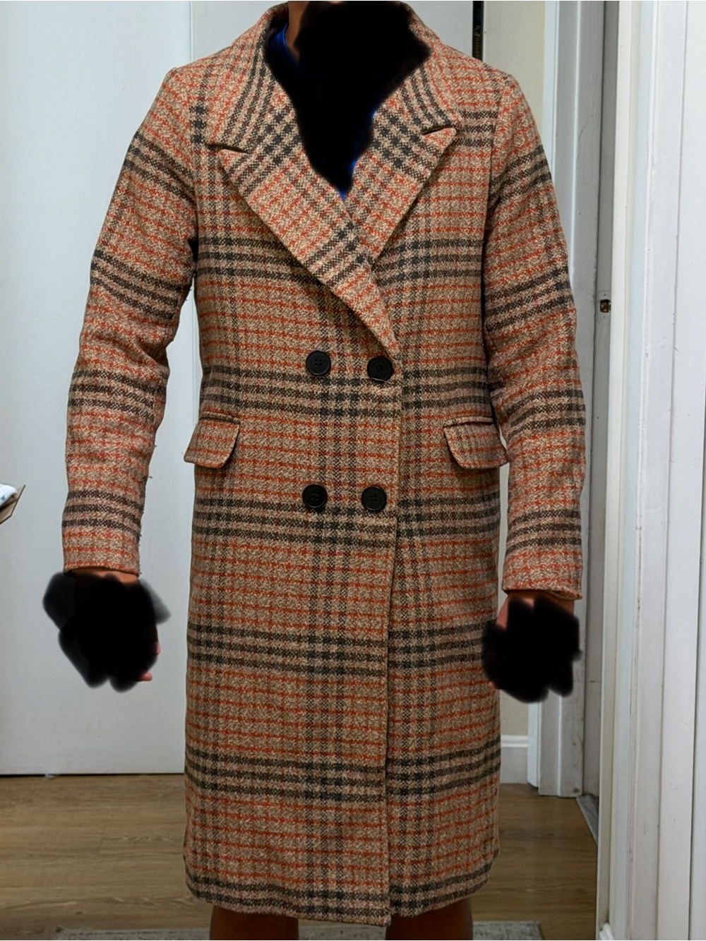 Chateou - Checked Double-Breasted Pea Coat in Tan and Orange